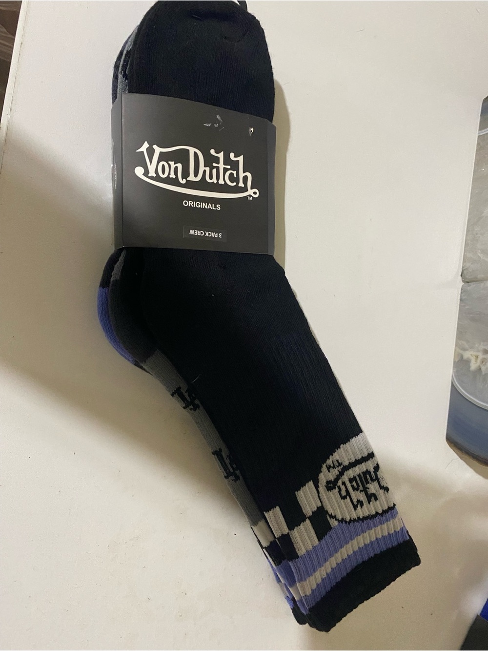 Van Dutch  Black Crew Socks with Purple and Gray Accents - 1 Pack
